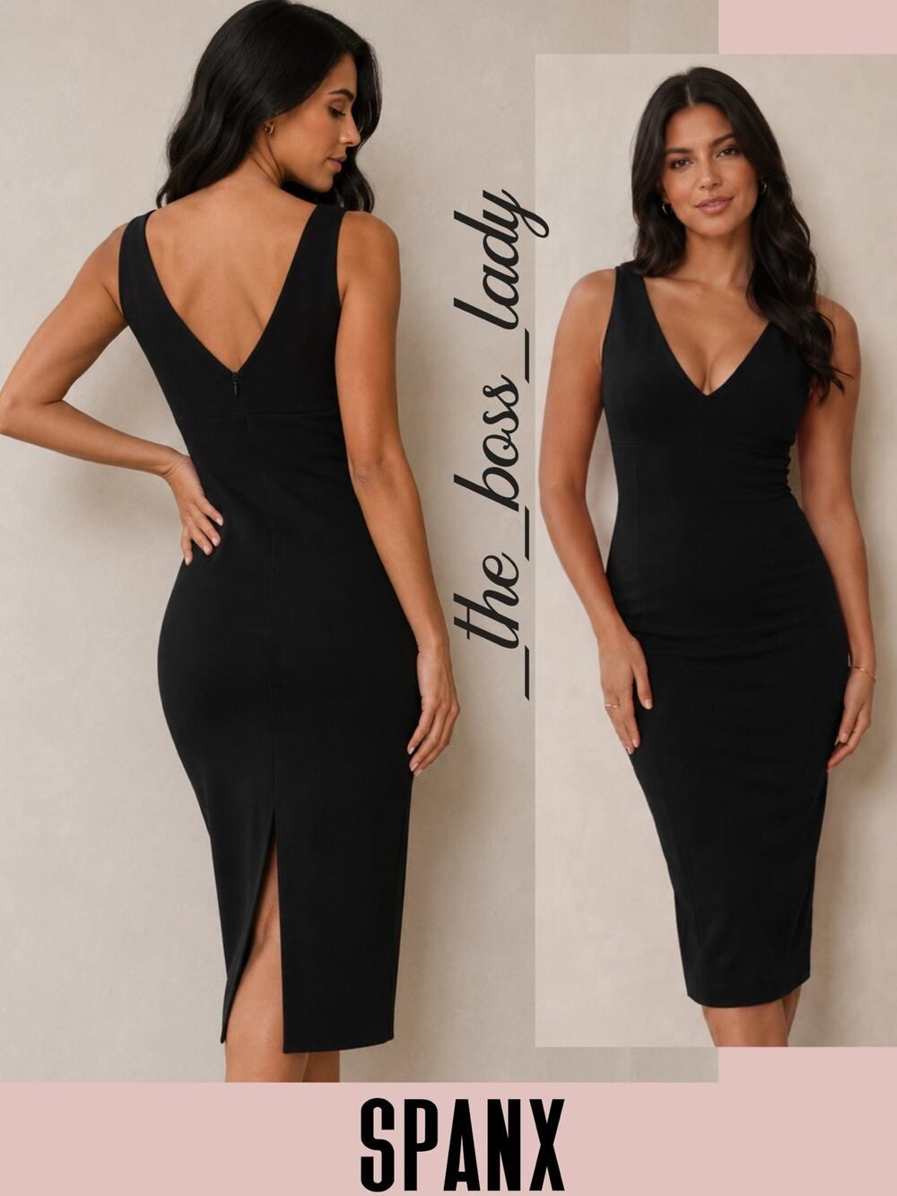 SPANX midi dress stretchy v-neck sheath back slit Small